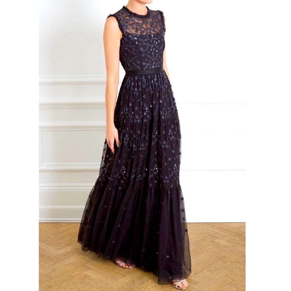 Needle & Thread Clover Embroidered Tulle Long Black and Sequin Dress. US Size 6.